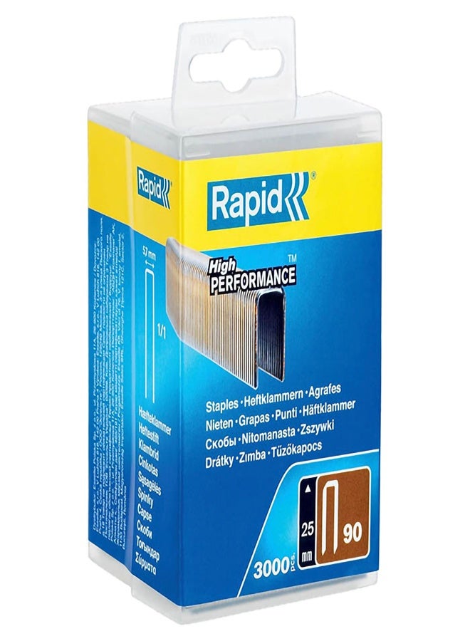 RAPID 5000124 Narrow Crown Staples, Leg Length 25 mm, No.90, 3000 Pieces, Galvanized - Image 1