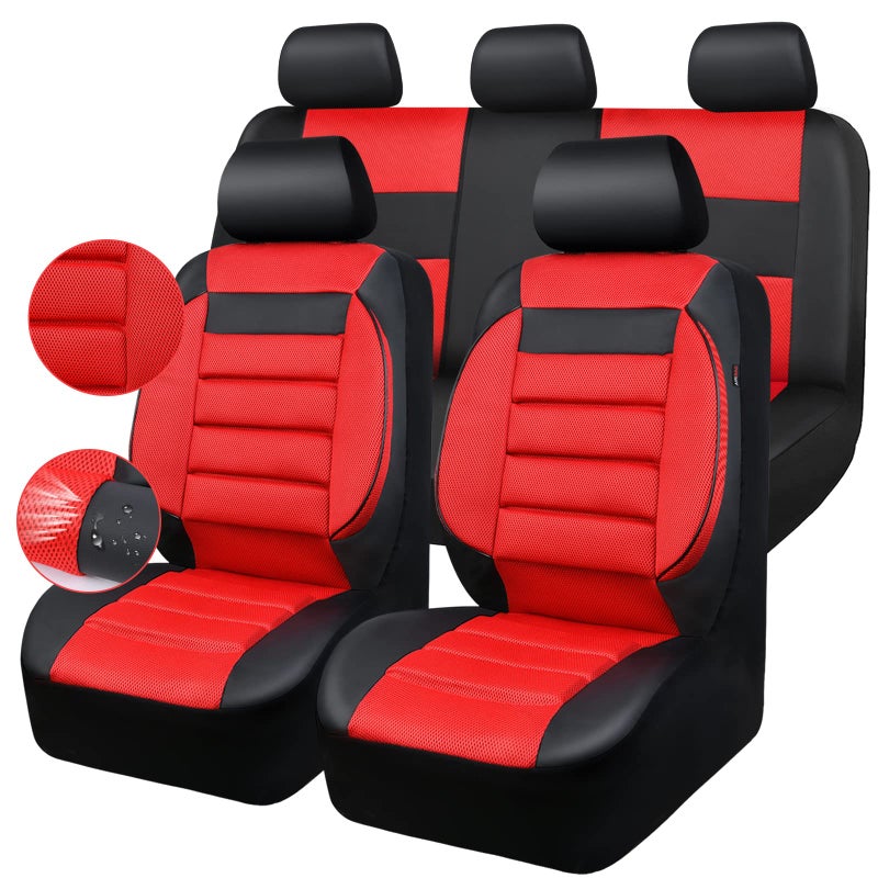 CAR PASS Leather 3D Foam Back Support Car Seat Covers Full Set Air Mesh Automotive Seat Covers All Season Car Seat Cover Fit AutomotiveSUVSedanVan Airbag Compatible Elegance Black and Red - Image 2
