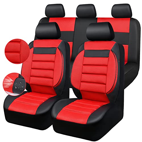 CAR PASS Leather 3D Foam Back Support Car Seat Covers Full Set Air Mesh Automotive Seat Covers All Season Car Seat Cover Fit AutomotiveSUVSedanVan Airbag Compatible Elegance Black and Red - Image 1