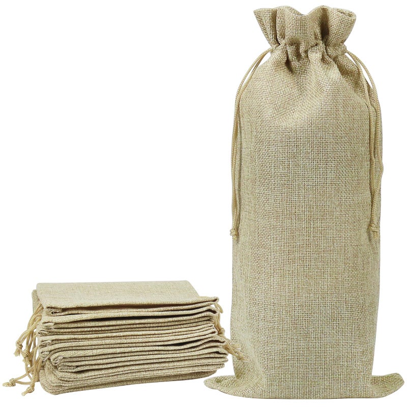 Shintop 10pcs Jute Wine Bags, 14 x 6 1/4 inches Hessian Wine Bottle Gift Bags with Drawstring (Brown) - Image 1