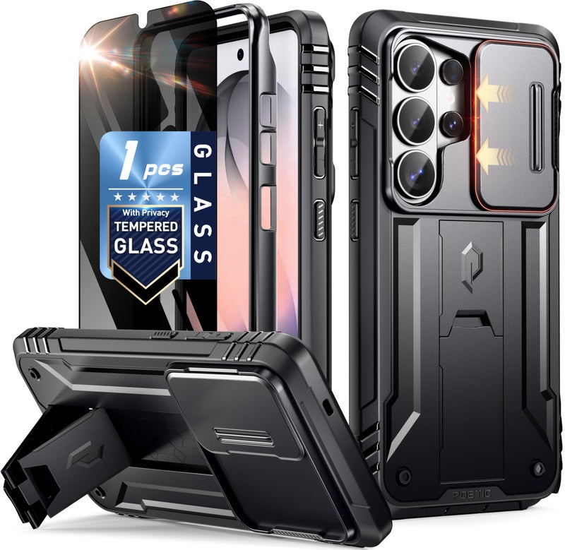 Poetic Revolution Case for Samsung Galaxy S26 Ultra, [Slide Camera Cover], [Privacy Tempered Glass Screen Protector ], Full-Body Military Grade Rugged Dual-Layer Shockproof Cover with Kickstand, Black - Image 1