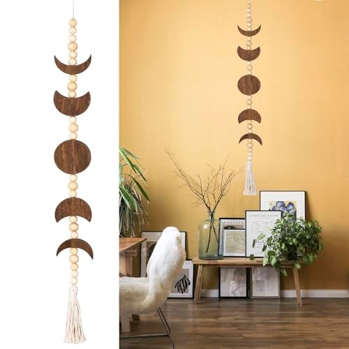 Ausicfen Moon Phase Wall Hanging Wood Beaded with TasselPhases of The MoonBoho Home Decor for Living Room Bedroom OfficeBrown
