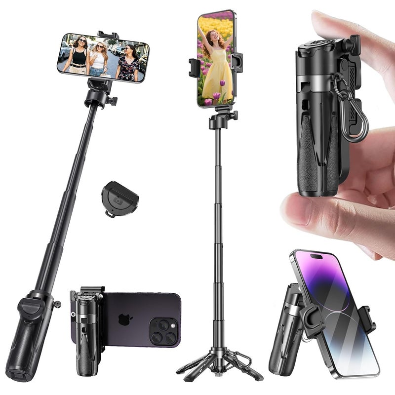 FKU 2025 Stainless Steel P15 MINI Retractable Selfie Stick Tripod with Detachable Remote Size,3-in-1 Mini Phone Grip 2 Cold Shoe,10M/393.7'' Wireless Shutter (P15 MINI Selfie Stick Black) - Image 1