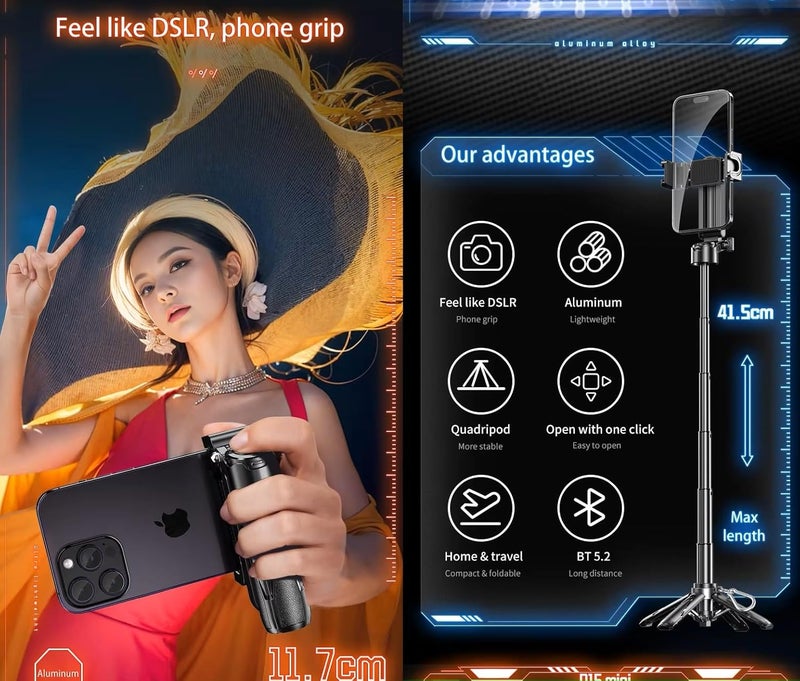 FKU 2025 Stainless Steel P15 MINI Retractable Selfie Stick Tripod with Detachable Remote Size,3-in-1 Mini Phone Grip 2 Cold Shoe,10M/393.7'' Wireless Shutter (P15 MINI Selfie Stick Black) - Image 4