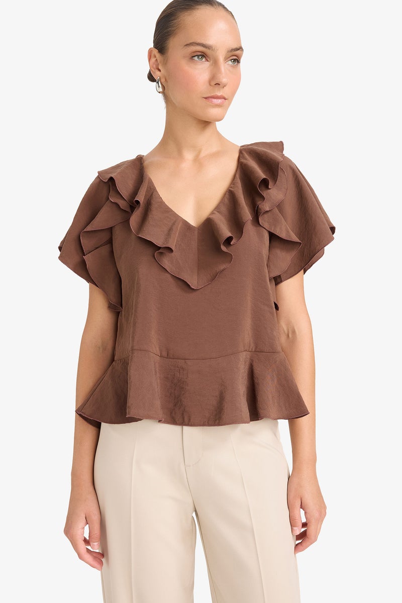 DeFacto Brown Woman Regular Fit V-Neck Short Sleeve Blouse Casual - Image 3