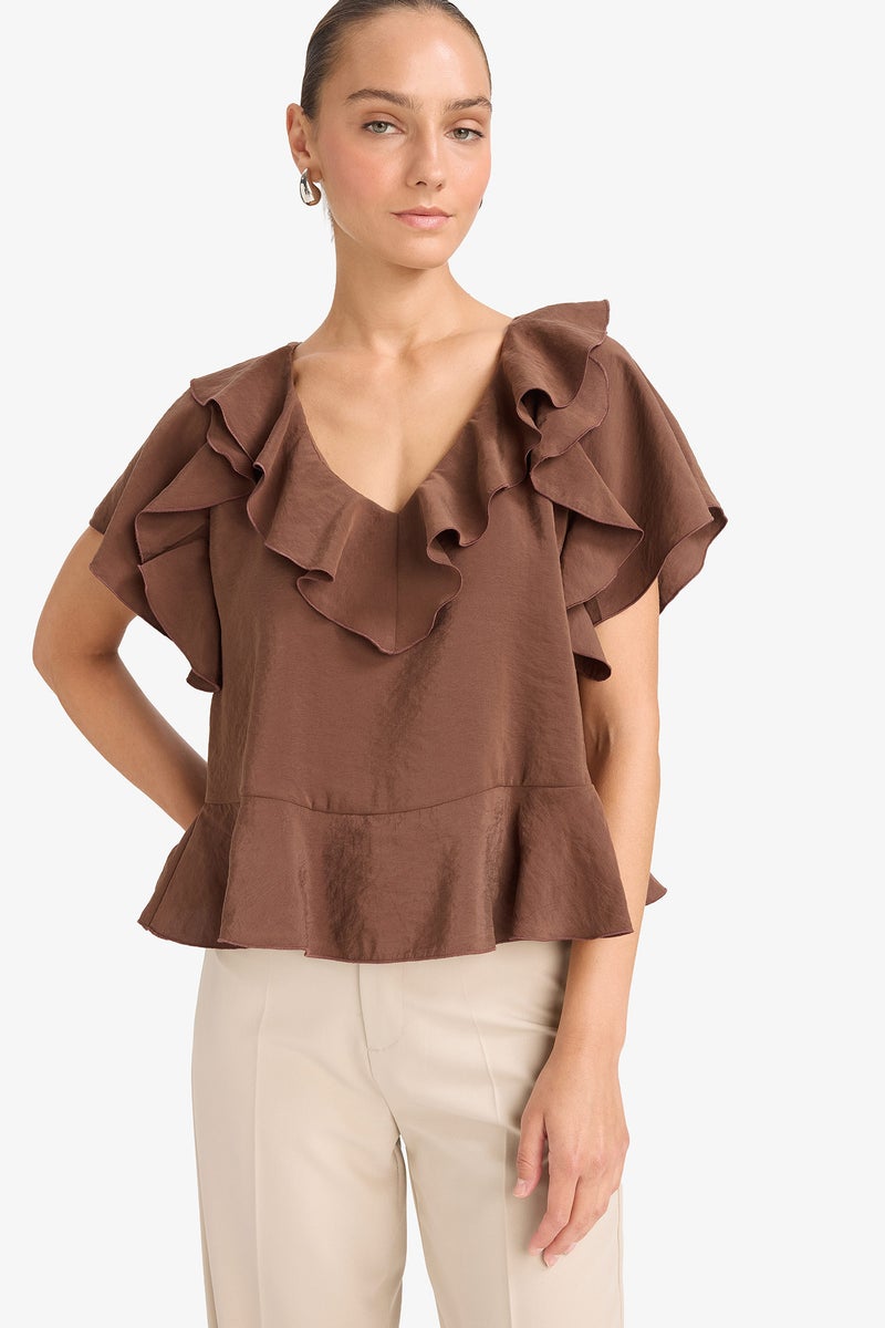 DeFacto Brown Woman Regular Fit V-Neck Short Sleeve Blouse Casual - Image 1