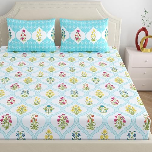 Home Ecstasy 100% Cotton King Bedsheet with 2 Pillow Covers - (Size 87 x 108 inches, 140 TC, Colour - Blue: Glacial Breeze) - Image 3