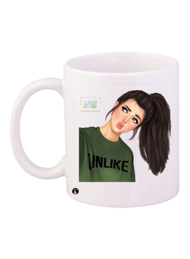 RYN Girl Printed Ceramic Coffee Mug White/Green/Beige 11ounce