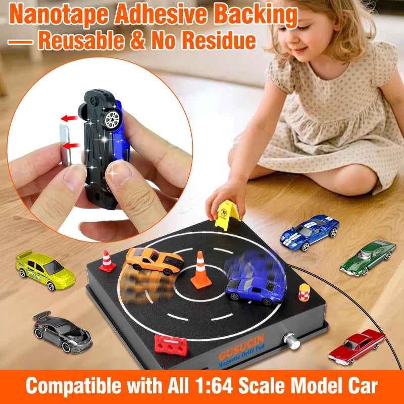 GUSUCIN Magnetic Drift Pad for Hot Wheels Cars 1:64 â€“ Spinning Drift Track with Adjustable Speed & Direction, USB Powered Drift Pad with 5 Decorations, Display Stand for All 1:64 Scale Diecast Cars (Black) - Image 3