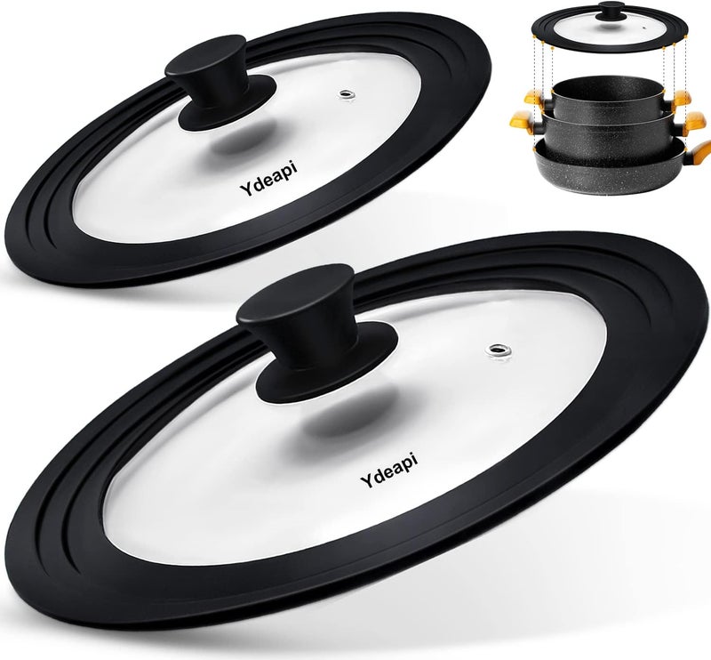 Ydeapi Universal Lids for Pots, Pans & Skillets - Fits 7", 8" & 9" Diameter, 10", 11" & 12" Diameter Cookware, Tempered Glass with High Heat Resistant Silicone Rim (2PK) - Image 1