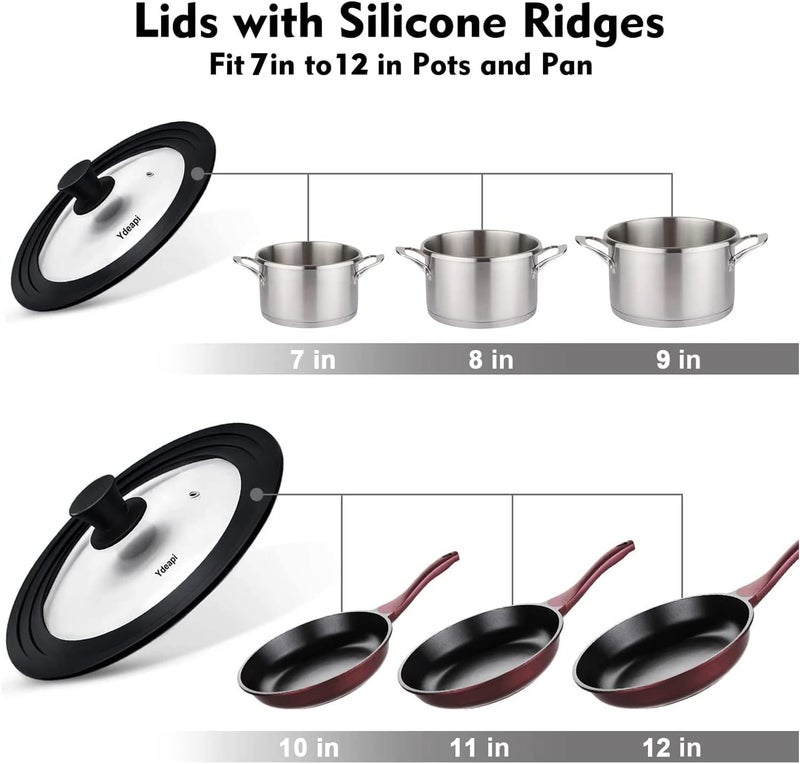 Ydeapi Universal Lids for Pots, Pans & Skillets - Fits 7", 8" & 9" Diameter, 10", 11" & 12" Diameter Cookware, Tempered Glass with High Heat Resistant Silicone Rim (2PK) - Image 3