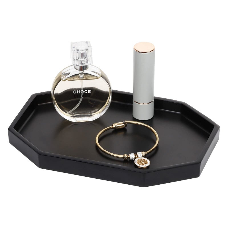 Shinowa 8 Small Octagon Bathroom Vanity Tray Resin Decorative Perfume Tray Jewelry Ring Dish TrayVanity Tray for Bathroom Candle Perfume Soap Shampoo Black