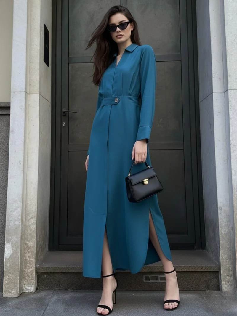 أوجيدر فستان قميص طويل أزرق فاتح بفتحة جانبية