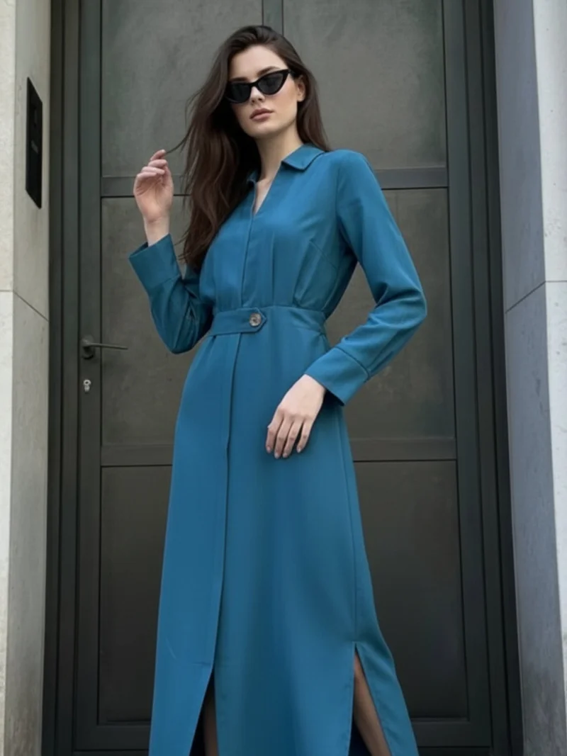 أوجيدر فستان قميص طويل أزرق فاتح بفتحة جانبية