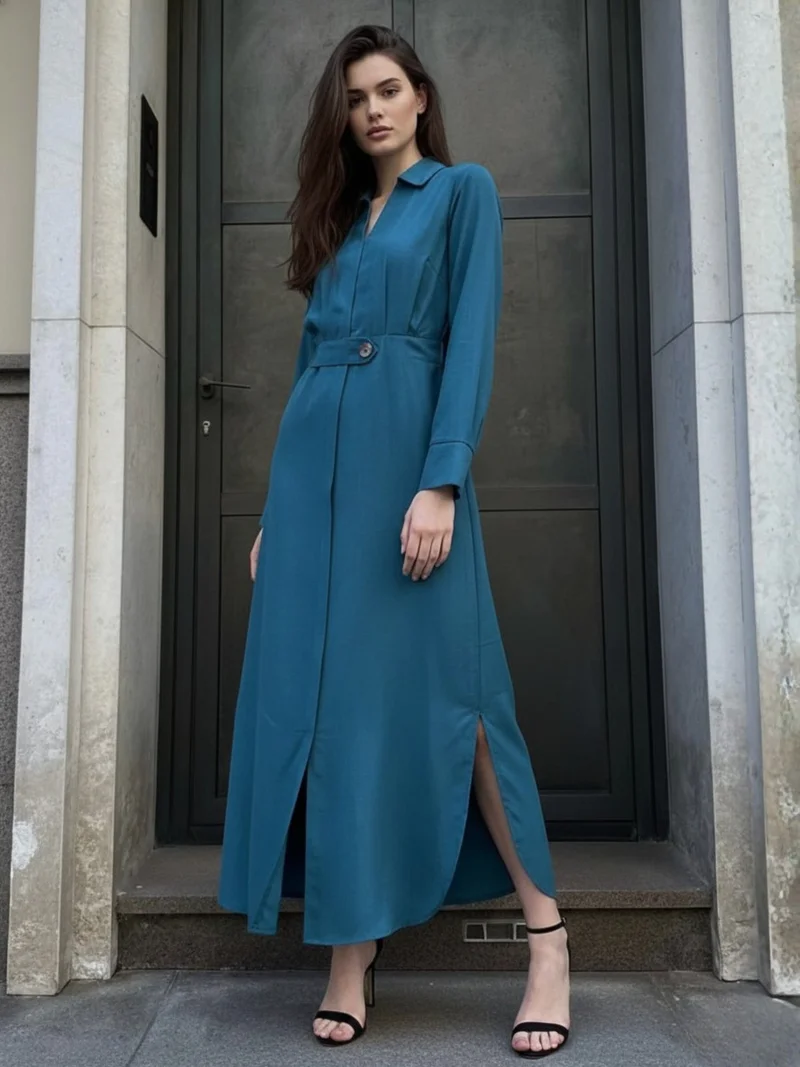Outzidr  Teal Maxi Dress with side slit detail for Women | Best Price UAE