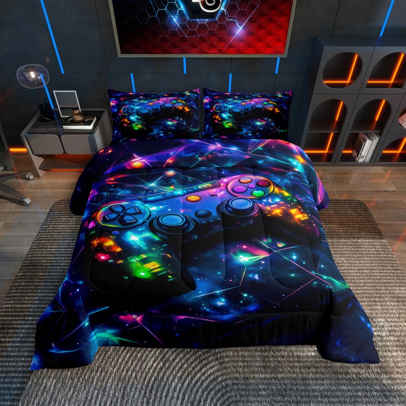 Feelyou Kids Gamer Comforter Set Twin Size, Galaxy Gaming Bedding Set Glitter Game Comforter Boys Girls Gamepad Teens Duvet Set Bedroom Decor Bed Set 2Pcs - Image 1