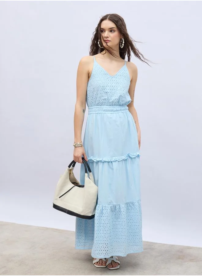 ستايلي Styli Schiffli Strappy Tiered Maxi Dress with Ruffle Trim