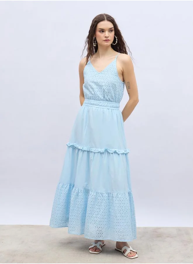 ستايلي Styli Schiffli Strappy Tiered Maxi Dress with Ruffle Trim