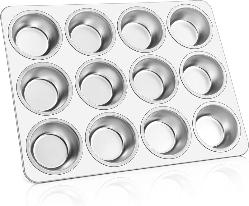 E-far Muffin Pan 12-Cup, Stainless Steel Cupcake Pan Metal Muffin Baking Tins for Oven, Regular Size & Easy Clean, Non-toxic & Dishwasher Safe - Image 1