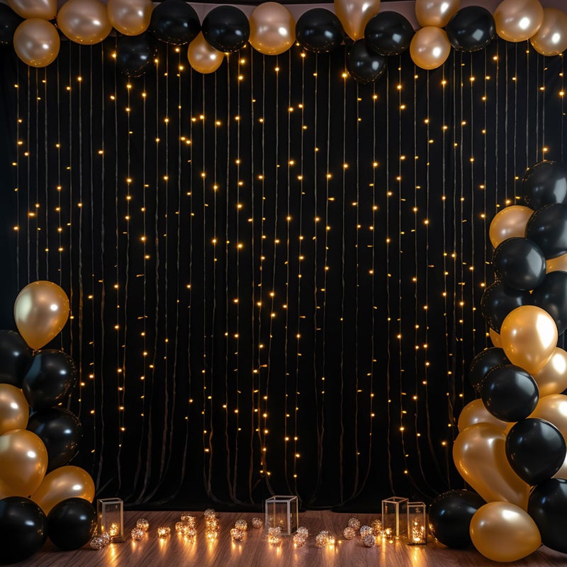 PARTISKY Black Backdrop Curtain with Lights String for Parties,10x10FT Wrinkle Free Black Drapes Wedding Photo Backdrop Curtains for Baby Shower Birthday Ceremony Reception Home Party Decorations - Image 1