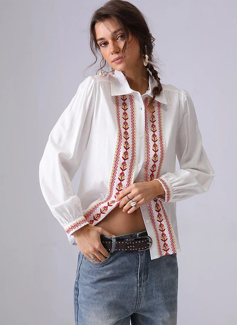 YUNIQEE Off white Spread Collar Puff Sleeves Relaxed Fit Shirt