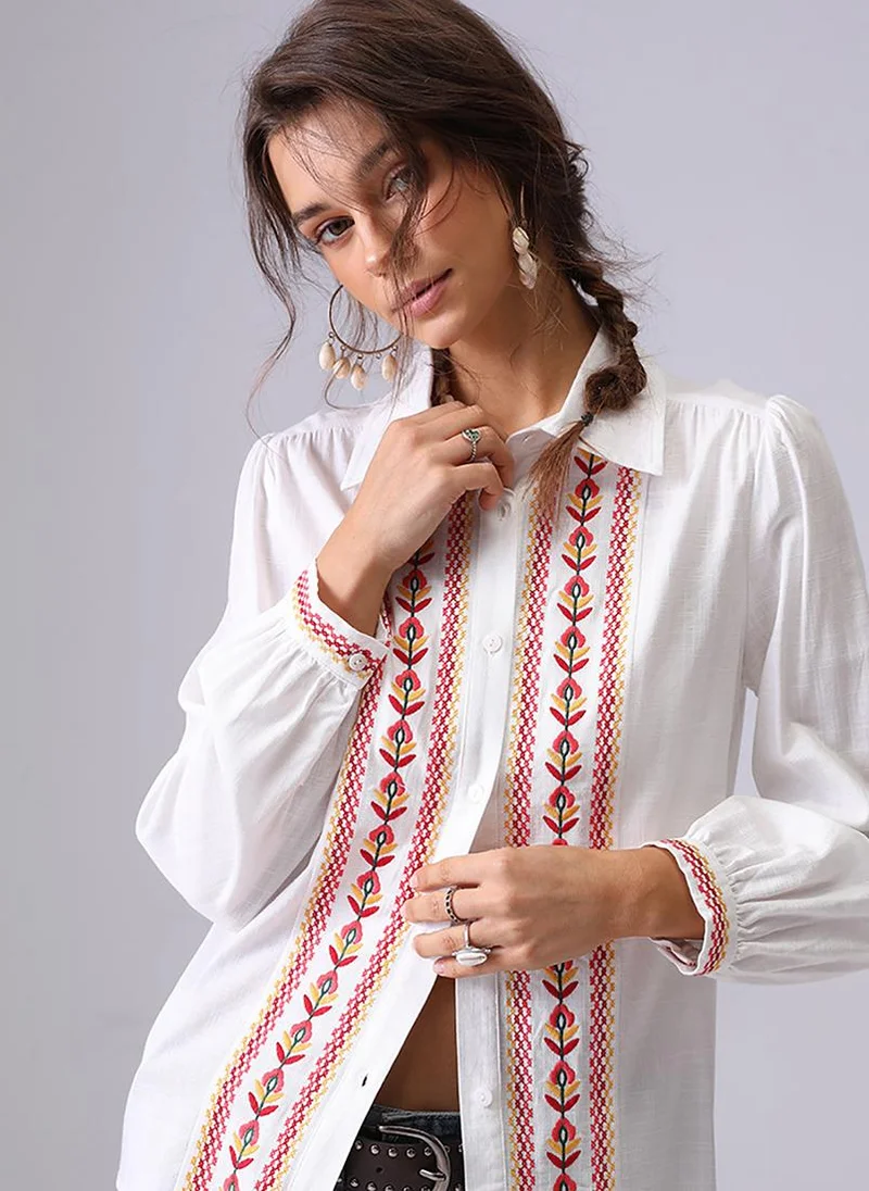 YUNIQEE Off white Spread Collar Puff Sleeves Relaxed Fit Shirt