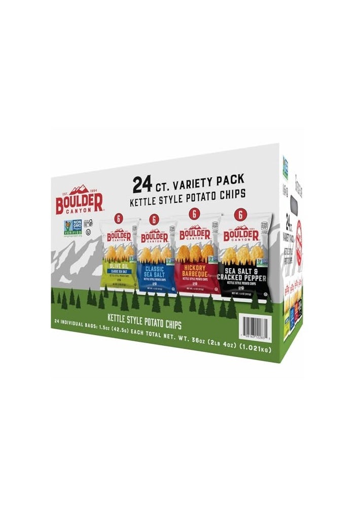 Boulder Canyon Kettle Style Potato Chips Variety Pack 24 Count Assorted 15oz Bags Olive Oil Classic Sea salt Hickory BBQ Sea Salt  Cracked Pepper Classic Sea salt - Image 1