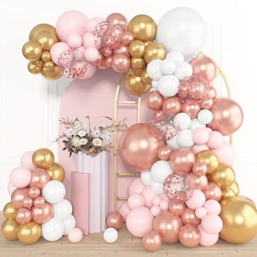 Amandir 153pcs Rose Gold Balloon Garland Arch Kit, Different Sizes 18 12 10 5 inch Pink White Gold Latex Metallic Confetti Balloons for Girls Graduation Birthday Bridal Baby Shower Party Decorations - Image 1