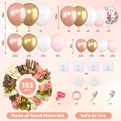 Amandir 153pcs Rose Gold Balloon Garland Arch Kit, Different Sizes 18 12 10 5 inch Pink White Gold Latex Metallic Confetti Balloons for Girls Graduation Birthday Bridal Baby Shower Party Decorations - Image 2