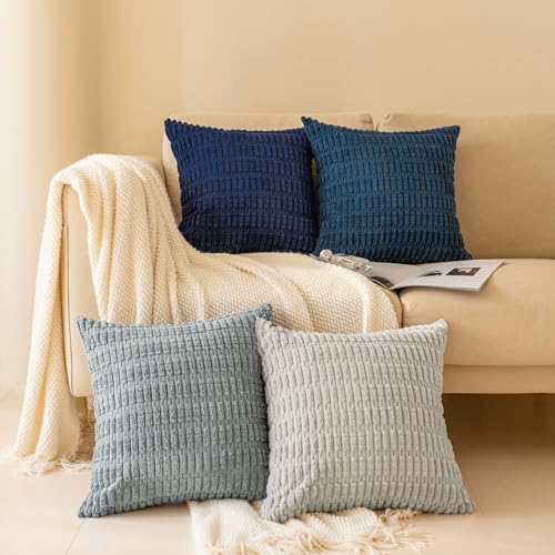 Softalker Throw Pillow Covers 18x18 Inch Set of 4 Corduroy Soft Striped Farmhouse Boho Pillow Cover Modern Decorative Cushion Pillow Case for Couch Sofa Bedroom Living Room GreyBlue
