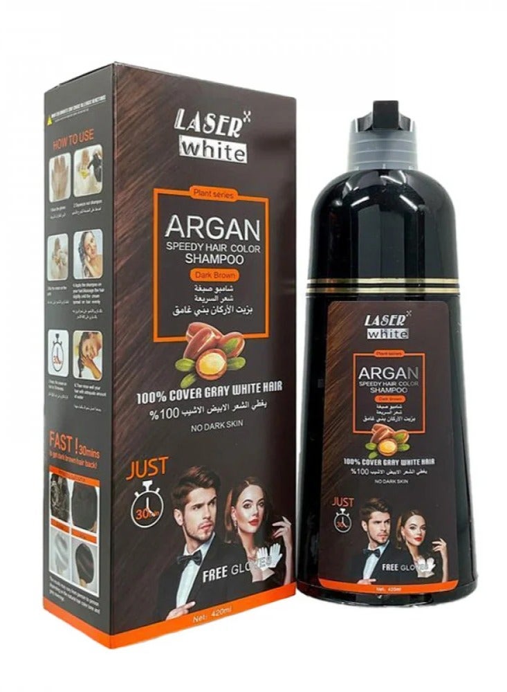 laser white Hair Dye Shampoo with Argan Oil to Cover Gray Hairs (Coffee) Dark Brown 420 ml - Image 1