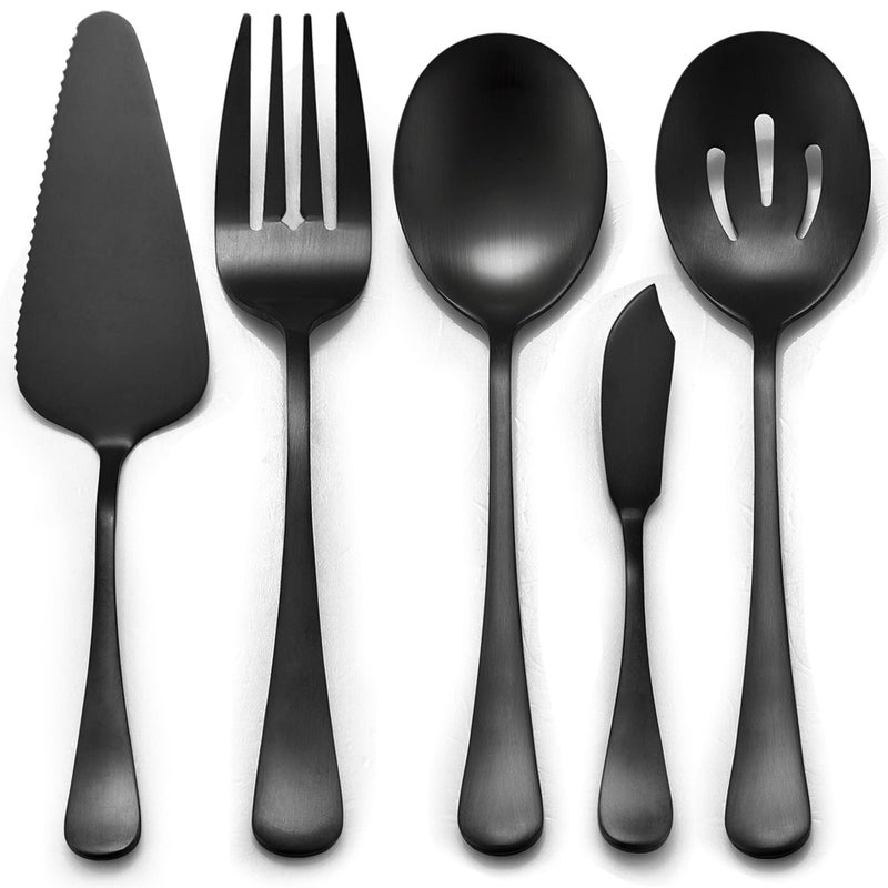 LIANYU 5Piece Matte Black Serving Utensils Set Stainless Steel Flatware Serving Set Ideal for Buffet Catering Party Satin Finish Dishwasher Safe