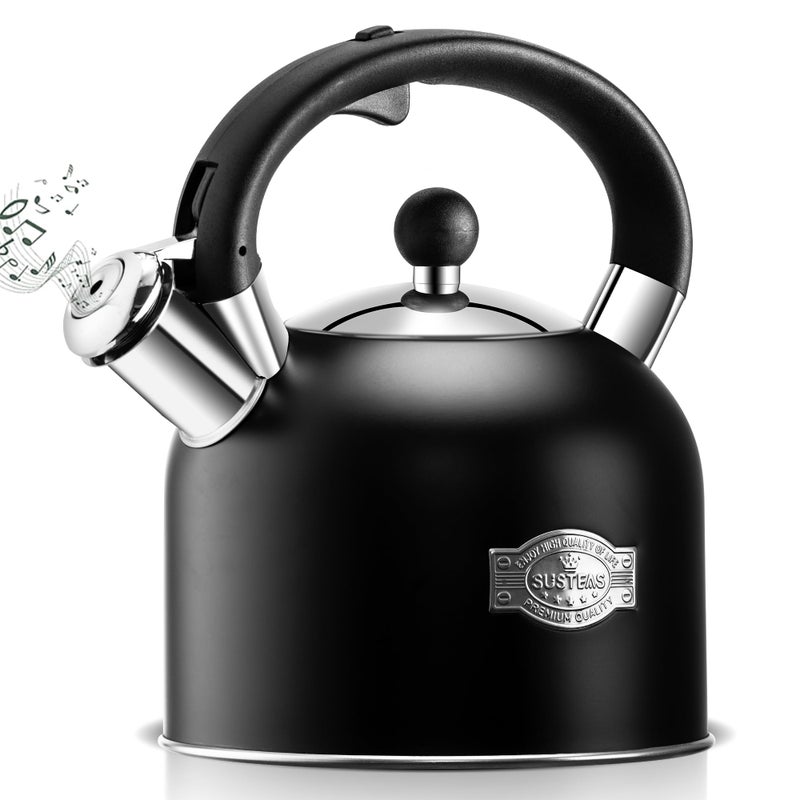 SUSTEAS Tea Kettle  317QT Whistling Kettle with Ergonomic Handle  Premium Stainless Steel Tea Pots for Stove Top Chic Vintage Teapot with Composite Base Work for All Stovetops Black