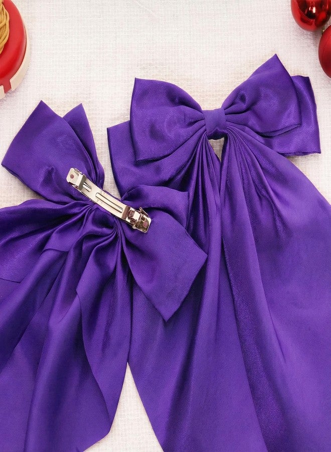 Avxdbr 2pcs Purple Satin Long Tail Hair Bows Large Silky Ribbon Bowknot Hair Clips for Women Girls Wedding Mardi Gras Party Holiday Style Hair Accessories Daily Wear(Dark Purple, One Size) - Image 3