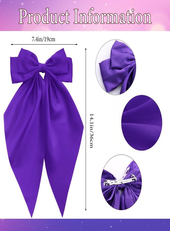 Avxdbr 2pcs Purple Satin Long Tail Hair Bows Large Silky Ribbon Bowknot Hair Clips for Women Girls Wedding Mardi Gras Party Holiday Style Hair Accessories Daily Wear(Dark Purple, One Size) - Image 2