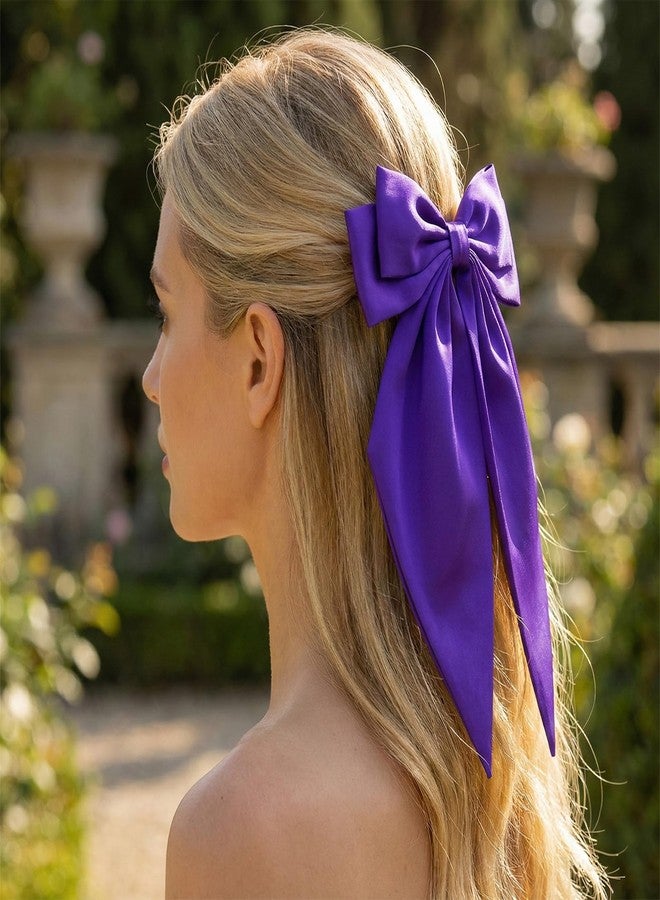 Avxdbr 2pcs Purple Satin Long Tail Hair Bows Large Silky Ribbon Bowknot Hair Clips for Women Girls Wedding Mardi Gras Party Holiday Style Hair Accessories Daily Wear(Dark Purple, One Size) - Image 5
