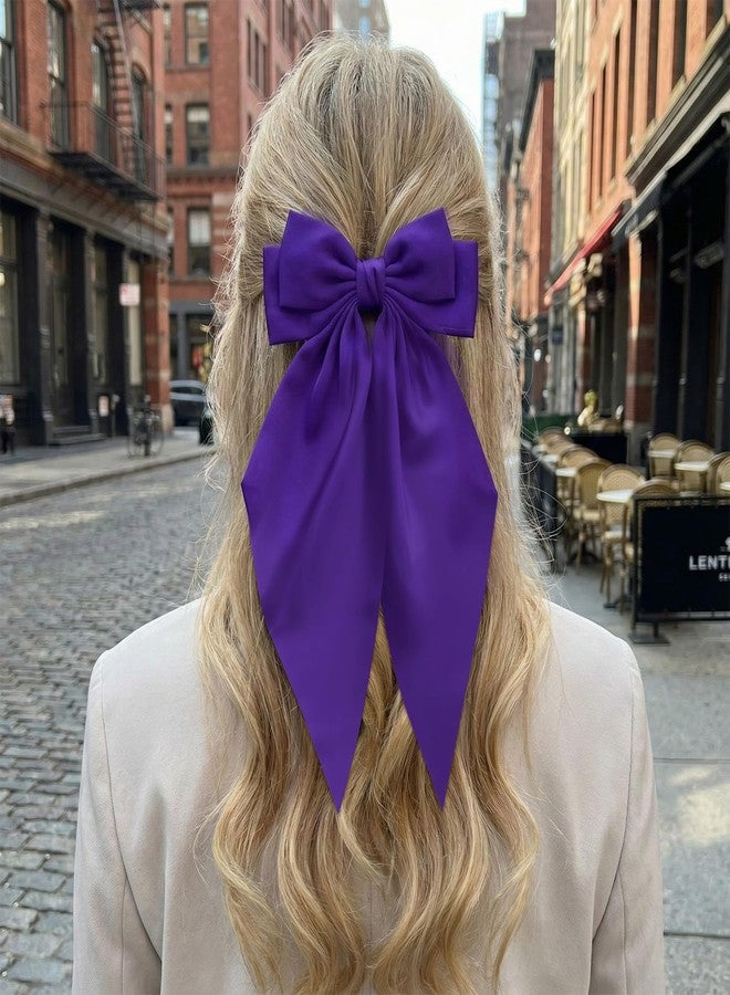 Avxdbr 2pcs Purple Satin Long Tail Hair Bows Large Silky Ribbon Bowknot Hair Clips for Women Girls Wedding Mardi Gras Party Holiday Style Hair Accessories Daily Wear(Dark Purple, One Size) - Image 4
