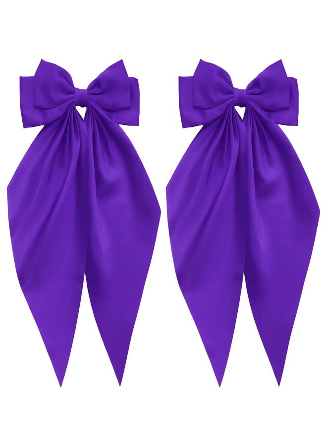 Avxdbr 2pcs Purple Satin Long Tail Hair Bows Large Silky Ribbon Bowknot Hair Clips for Women Girls Wedding Mardi Gras Party Holiday Style Hair Accessories Daily Wear(Dark Purple, One Size) - Image 1