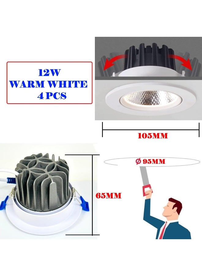 Melfi Adjustable Cob Embedded Round Led Downlight 12W 240Vac -White Ceiling Spotlight Ip20 Rated | For Indoor Home And Office Use (Warm White 3000K 4Pcs) - Image 2