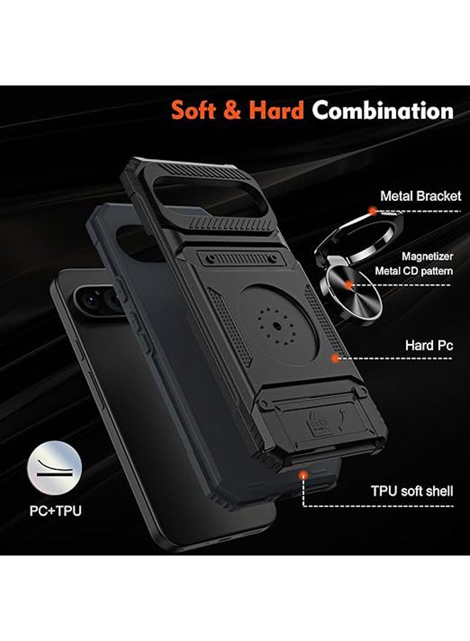 General For Google Pixel 9 Pro XL (2024) Phone Case with Card Slot and Magnetic Finger Ring Holder, PC+TPU+Metal Dropproof Phone Case, Slim Case  - Image 2