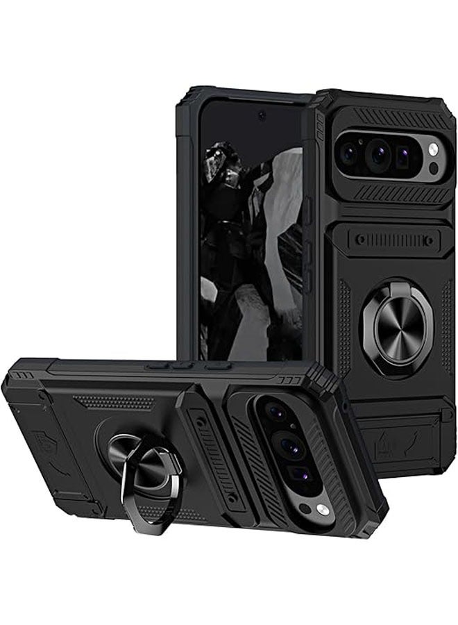 General For Google Pixel 9 Pro XL (2024) Phone Case with Card Slot and Magnetic Finger Ring Holder, PC+TPU+Metal Dropproof Phone Case, Slim Case  - Image 1
