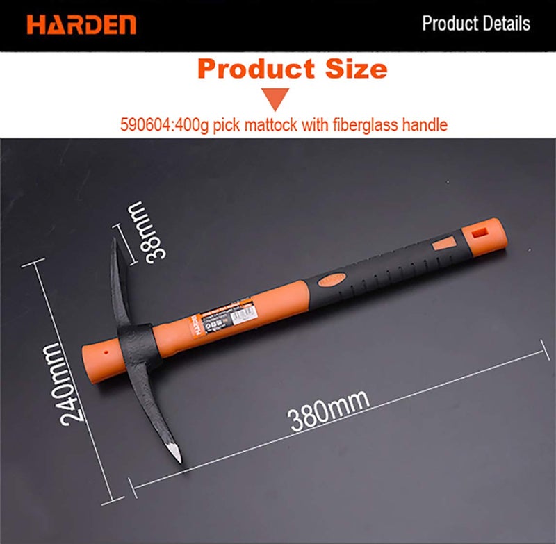 Harden 400 grams Garden Agriculture Mini Pick Mattock tool with 38cm Ergonomic Fiberglass Handle - Forged Fine Grain Steel Head - 590604 - Image 2