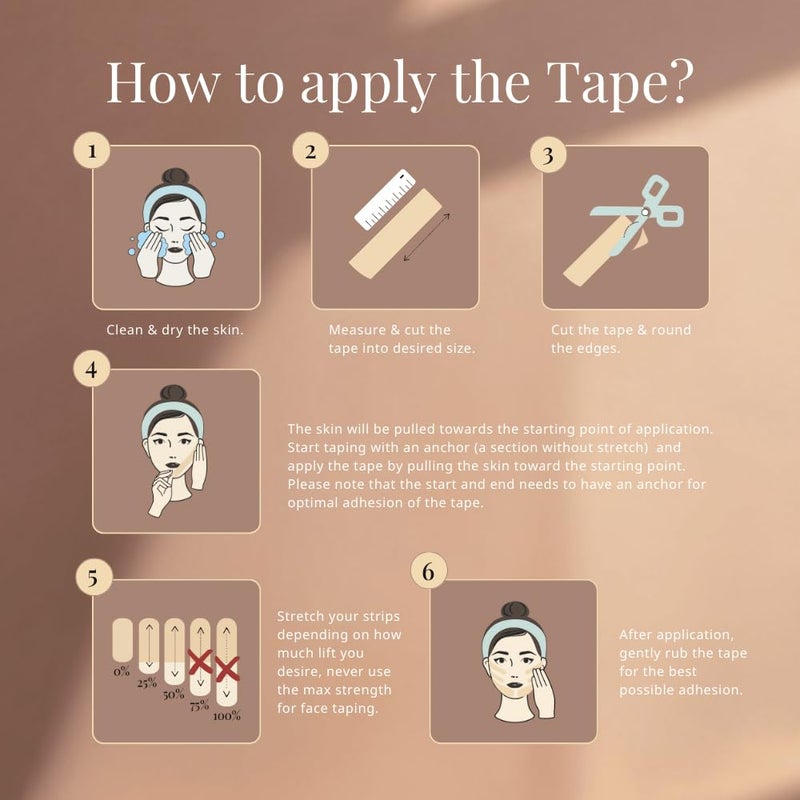 CureTape Beauty Kinesiology Tape | Anti-Wrinkle Face Tape | Face Lift Tape for Toning, Firming & Tightening The Skin (Light Beige, 1'' X 16'.) - Image 5