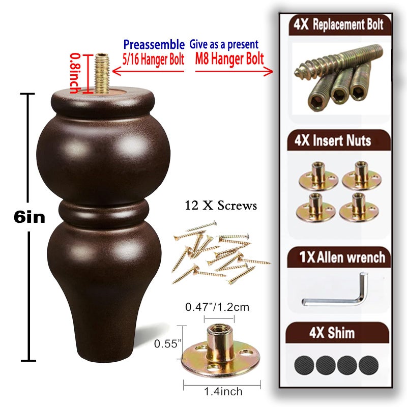 SHANJUE Wood Furniture Legs 6 inch Sofa Legs Pack of 4,Round Couch Legs Espresso Mid Century Desk Legs,Sofa Replacement Parts,for Dresser, Sideboard, Recliner, Coffee Table - Image 5