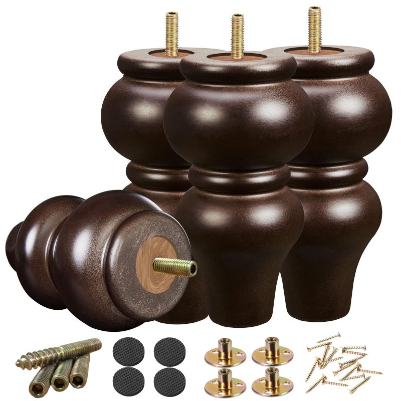 SHANJUE Wood Furniture Legs 6 inch Sofa Legs Pack of 4,Round Couch Legs Espresso Mid Century Desk Legs,Sofa Replacement Parts,for Dresser, Sideboard, Recliner, Coffee Table - Image 1