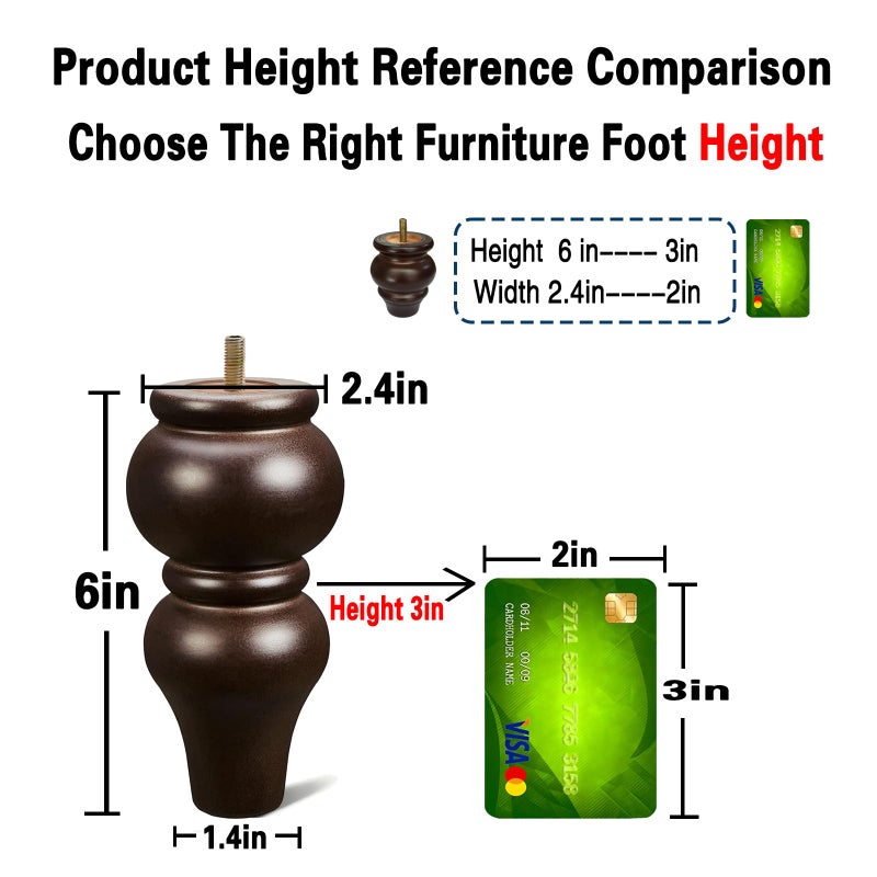 SHANJUE Wood Furniture Legs 6 inch Sofa Legs Pack of 4,Round Couch Legs Espresso Mid Century Desk Legs,Sofa Replacement Parts,for Dresser, Sideboard, Recliner, Coffee Table - Image 2