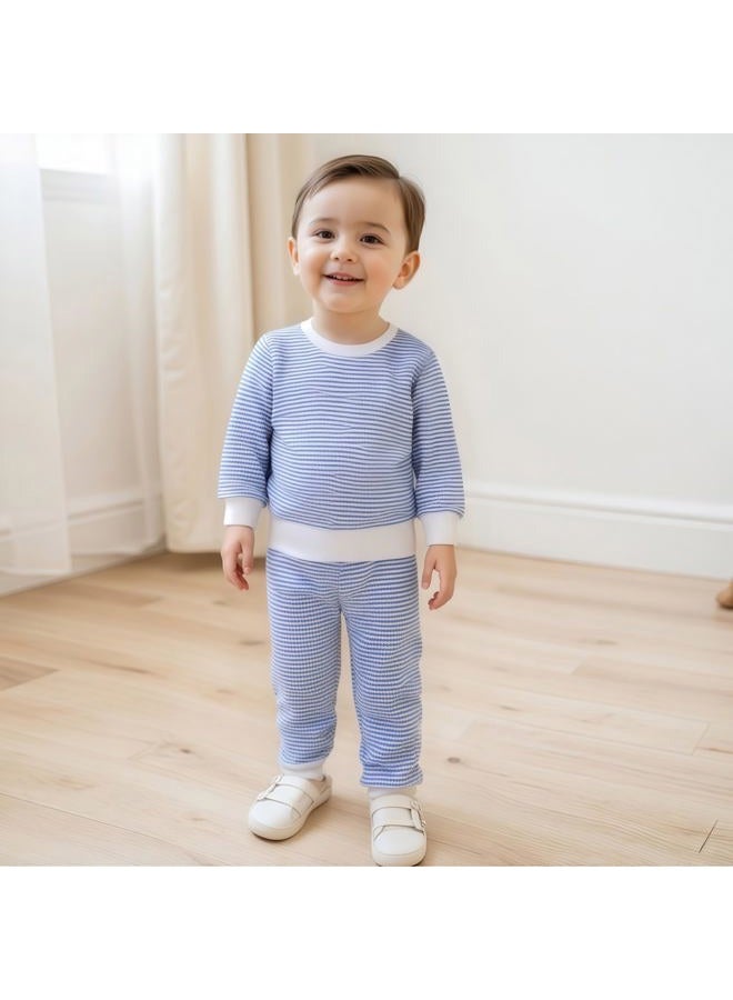 allshope Baby Boy Fall Clothes Set Long Sleeve Crewneck Sweatshirts Pants Infant Newborn Waffle Stripe Outfits 6 12 18 24 Months, Stripe Blue, 12-18 months - Image 2