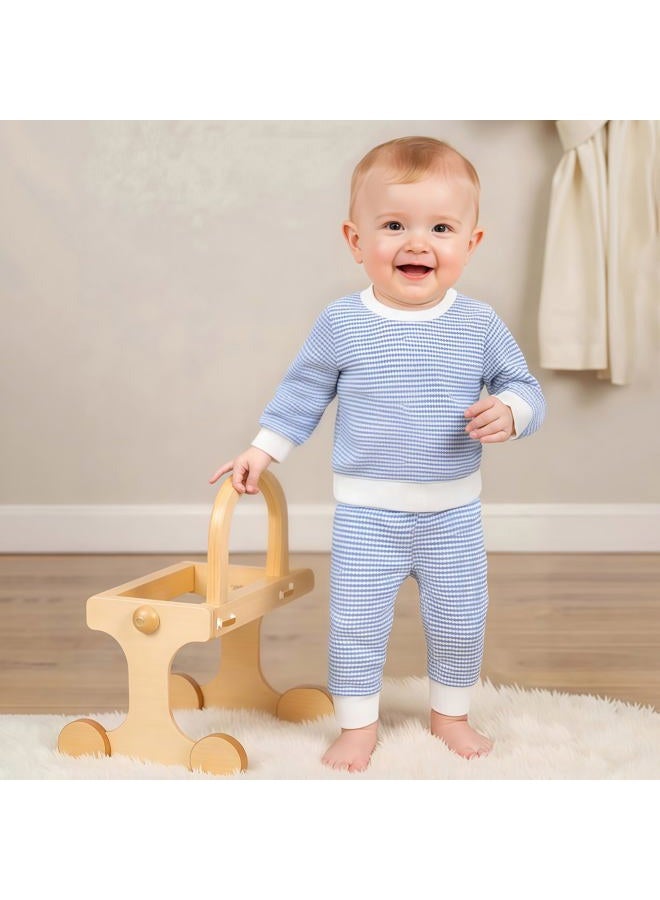 allshope Baby Boy Fall Clothes Set Long Sleeve Crewneck Sweatshirts Pants Infant Newborn Waffle Stripe Outfits 6 12 18 24 Months, Stripe Blue, 12-18 months - Image 3