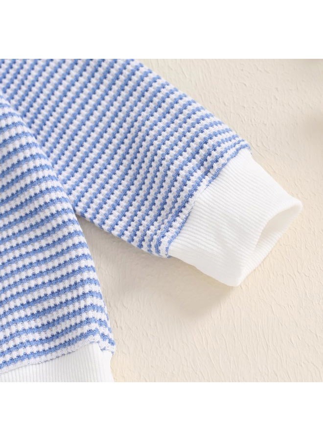 allshope Baby Boy Fall Clothes Set Long Sleeve Crewneck Sweatshirts Pants Infant Newborn Waffle Stripe Outfits 6 12 18 24 Months, Stripe Blue, 12-18 months - Image 5