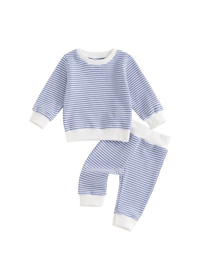 allshope Baby Boy Fall Clothes Set Long Sleeve Crewneck Sweatshirts Pants Infant Newborn Waffle Stripe Outfits 6 12 18 24 Months, Stripe Blue, 12-18 months - Image 1